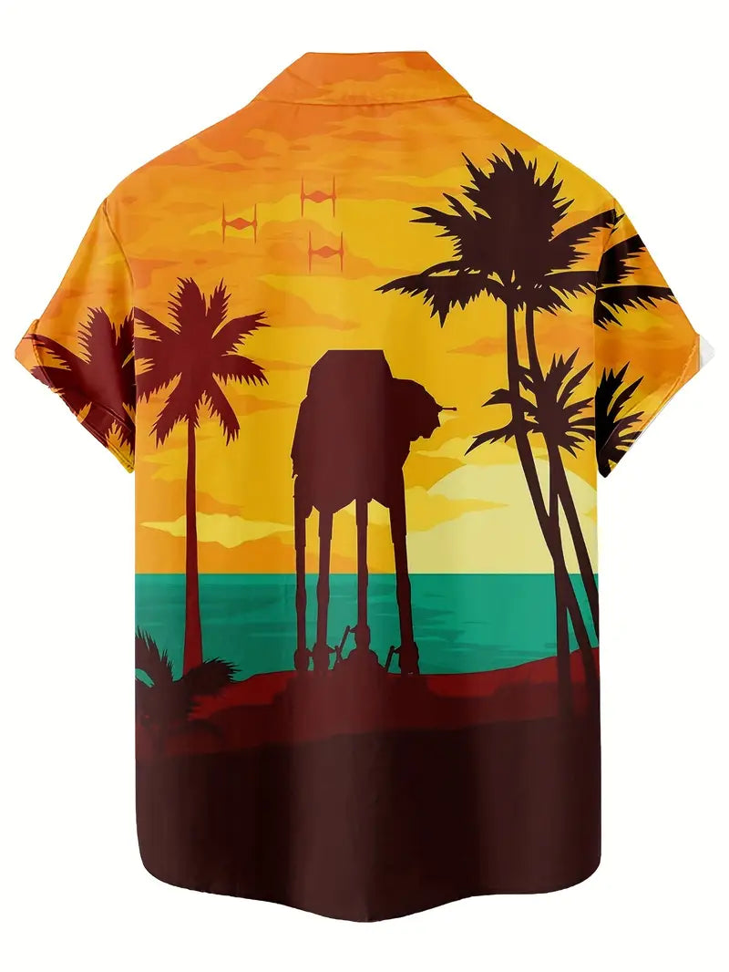 Men's Sunset Seaside Casual Shirt - Short Sleeve, Summer Button- XL