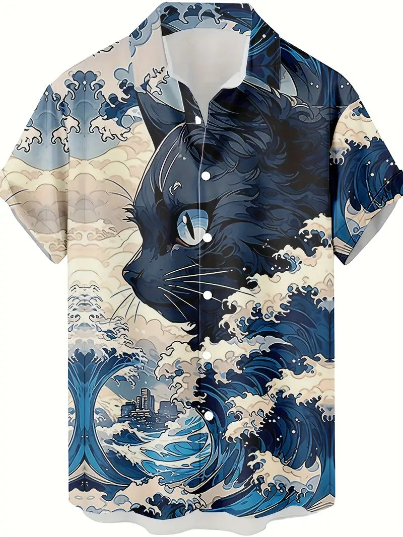 Men's Retro Wave Cat 3D Print Hawaiian Shirt