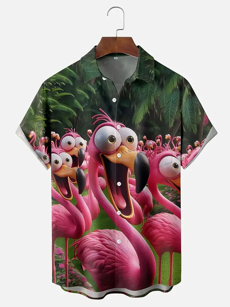Men'S Tropical Flamingo Print Short Sleeve Button-Up Shirt (XL)