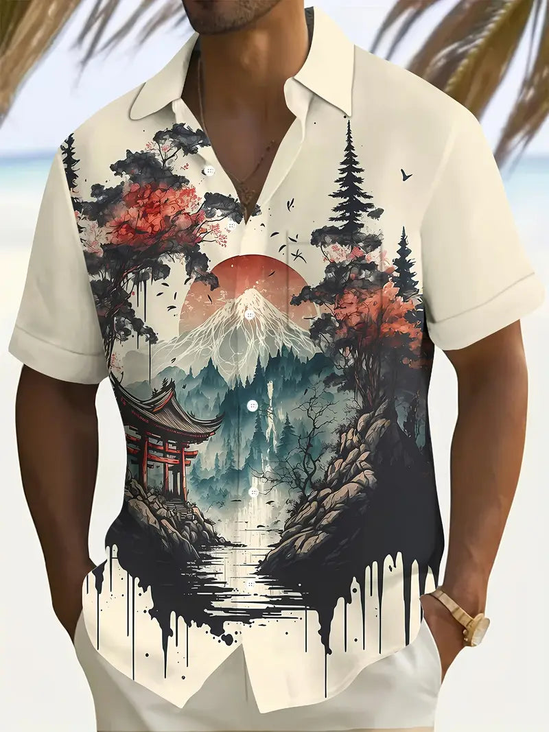 Men's Vibrant Mountain & Torii Gate Design- XL