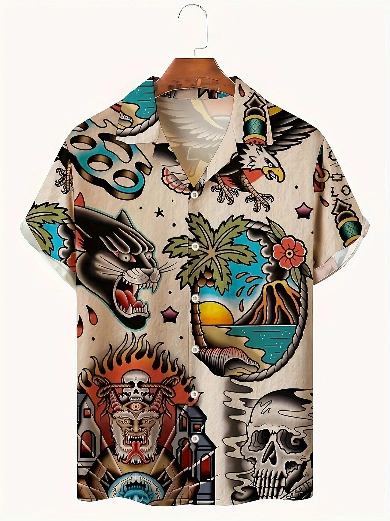 Men's Short-Sleeve Button-Up Shirt Vintage Tattoos- L
