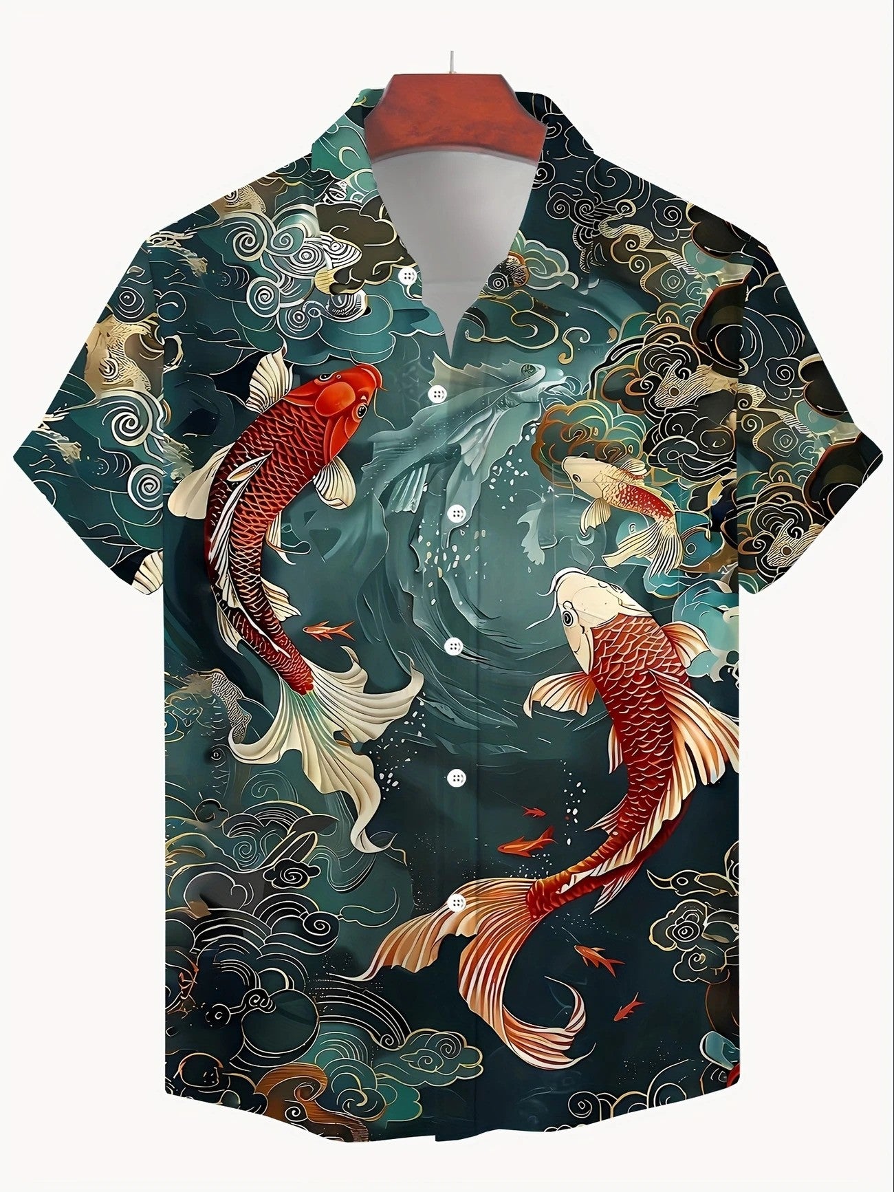Men'S 3D Koi Fish Print Hawaiian Shirt, Casual Short Sleeve - XL