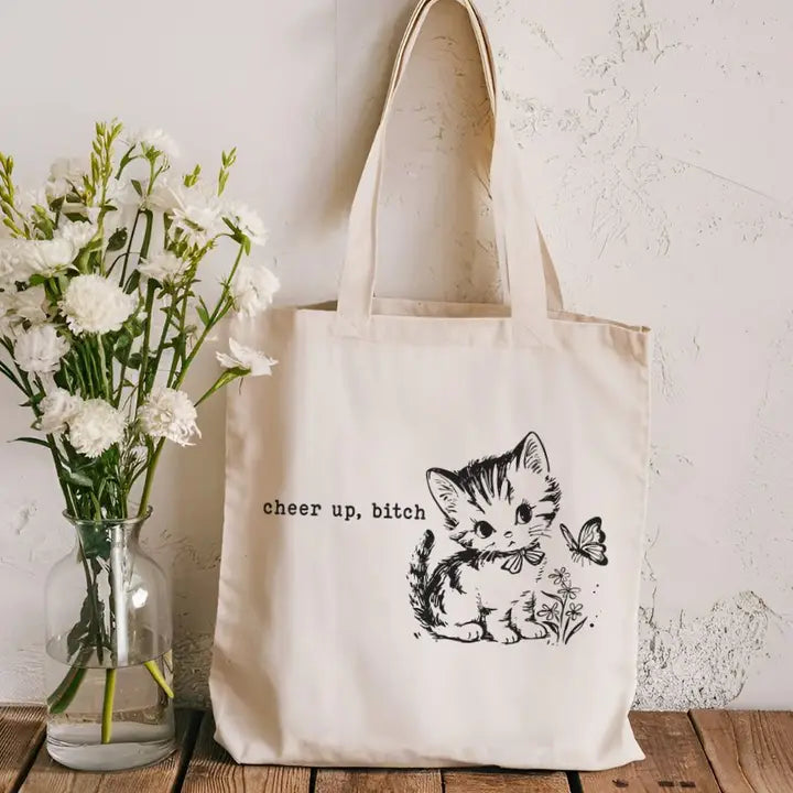 Cheer Up, Bitch Cat Canvas Tote Bag