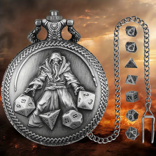 Vintage Character Wizard Pattern Bronze/deep Silvery (private Model) Custom Product Vintage Pocket Watch Case + Thick Chain + Bronze Dice Mini Dice