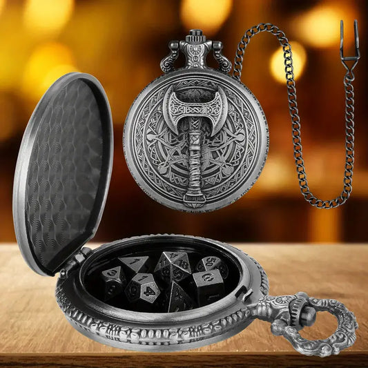 Customized Barbarian - Axe A Pocket Watch Case Bronze/Deep Silvery Retro Pocket Watch Case + Thick Chain + Mini Dice Set