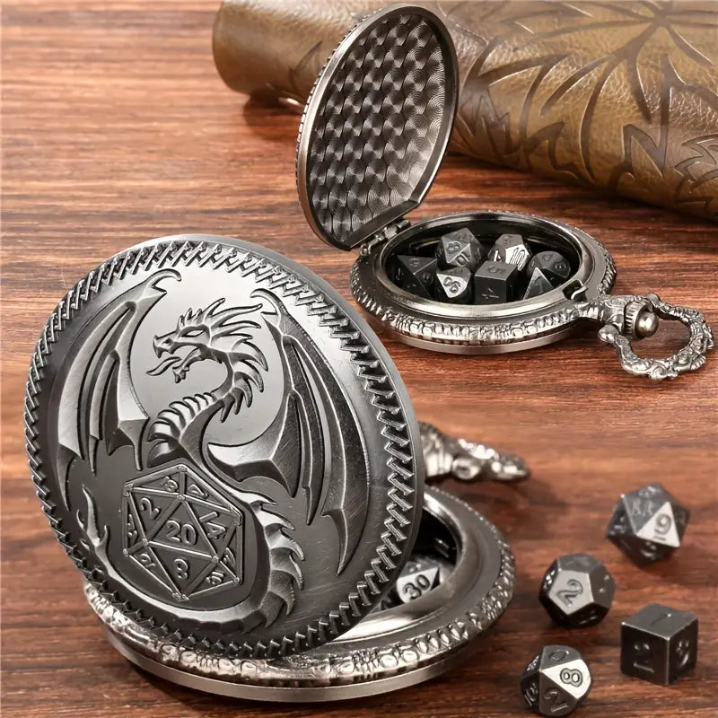 1pc Vintage Dragon-Themed Alloy Pocket Watch with Pendant Chain & 7pcs Polyhedral Dice Set