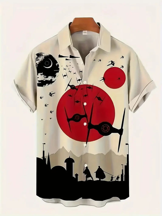 Men's Space Ship and Warrior Silhouette Print Casual Shirt - Short Sleeve, Summer Button- XL