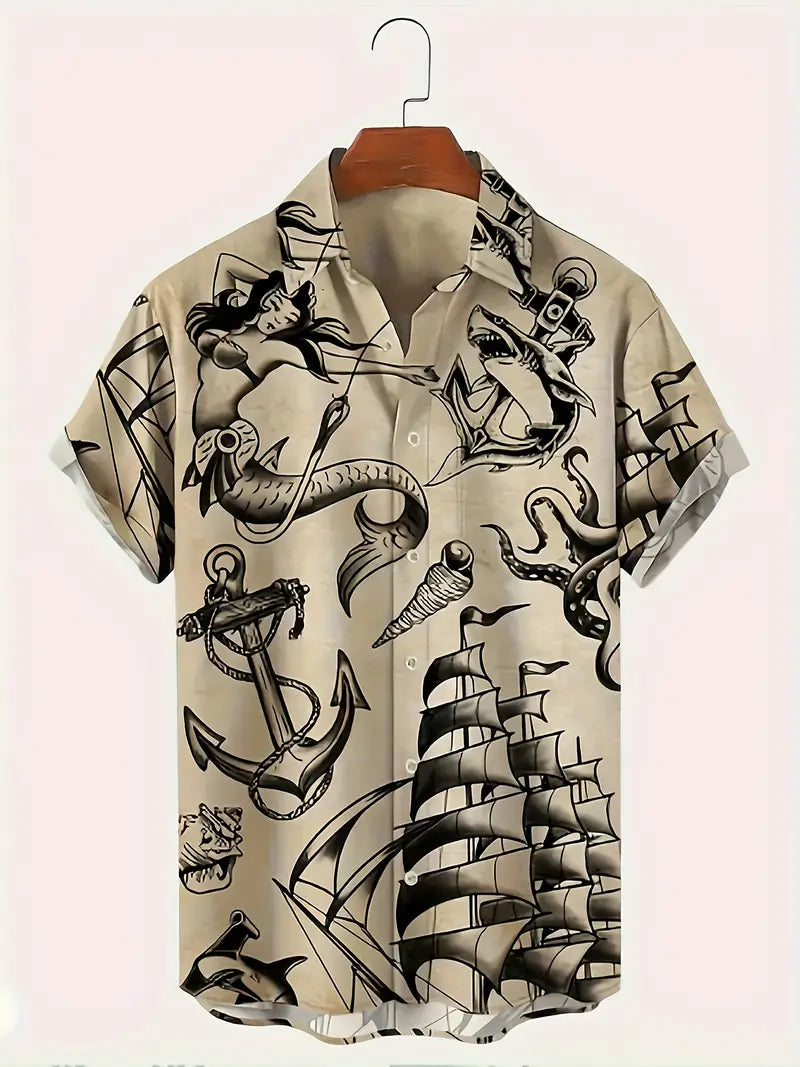 Men's 3D Mermaid and Sailboat Graphic Print Shirt- XL