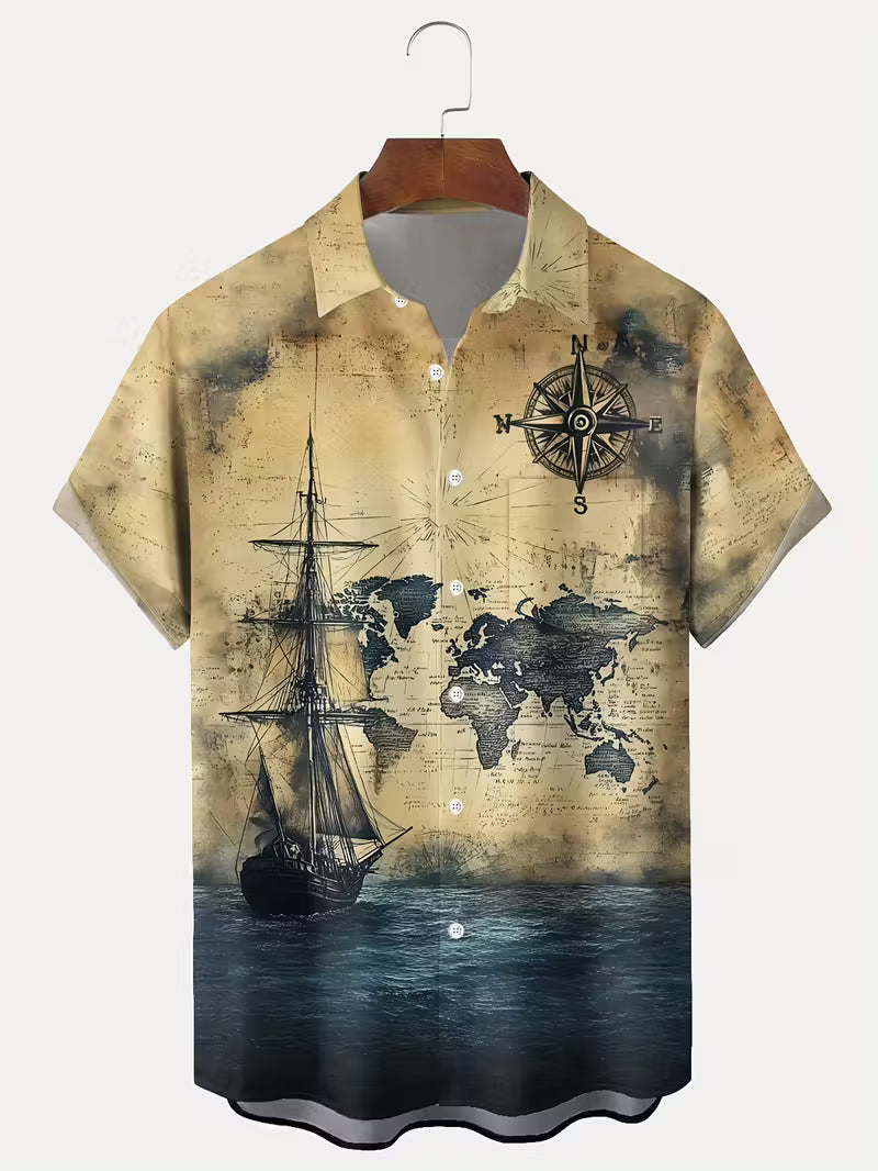 Vintage Nautical Compass Print Hawaiian Shirt - XL