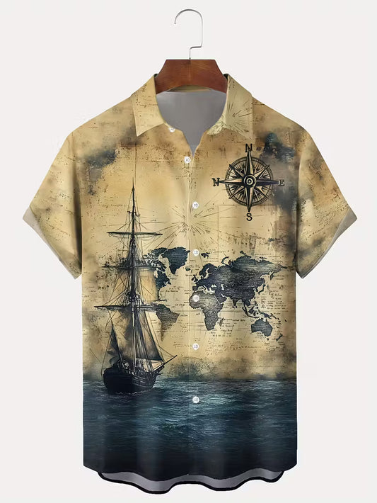 Vintage Nautical Compass Print Hawaiian Shirt - 2XL