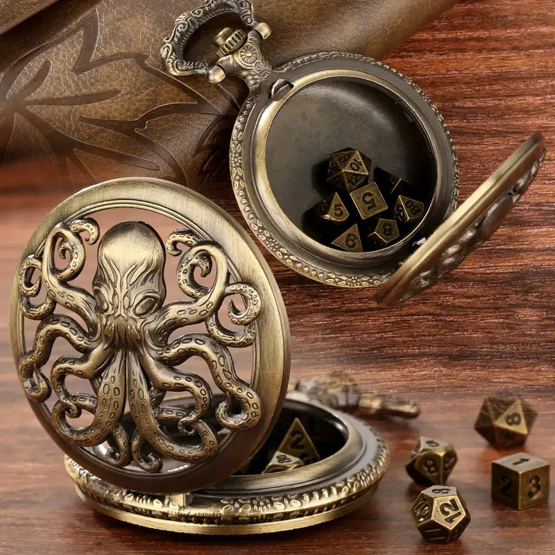 Action Game Type Cthulhu-Inspired Octopus Hollow Carved Pocket Watch Dice Set