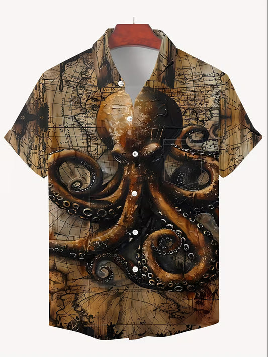 Nautical Octopus & Vintage Map Print Hawaiian Shirt - M