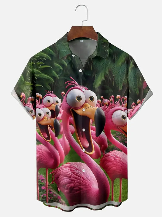 Men'S Tropical Flamingo Print Short Sleeve Button-Up Shirt (XL)