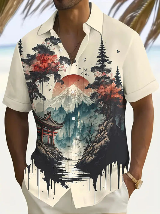 Men's Vibrant Mountain & Torii Gate Design- L