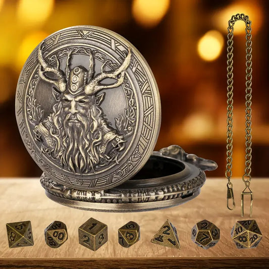 1pc DRUID Druid Half-Orc Retro Pocket Watch Case, Comes with 7 Polyhedral Metal DND Dice