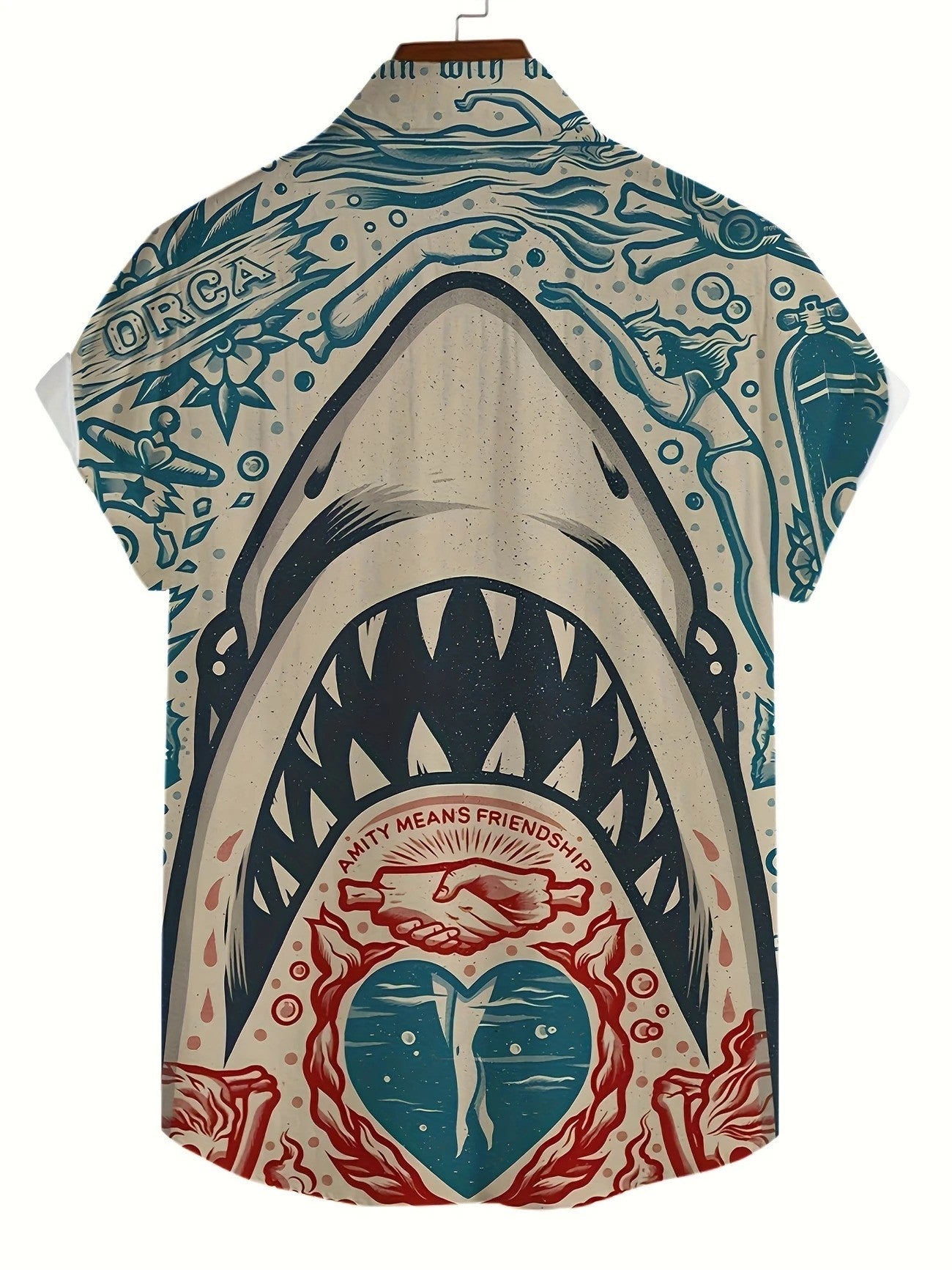 Retro Comic Shark 3D Print Men's Short Sleeve Lapel Hawaiian Shirt - XL