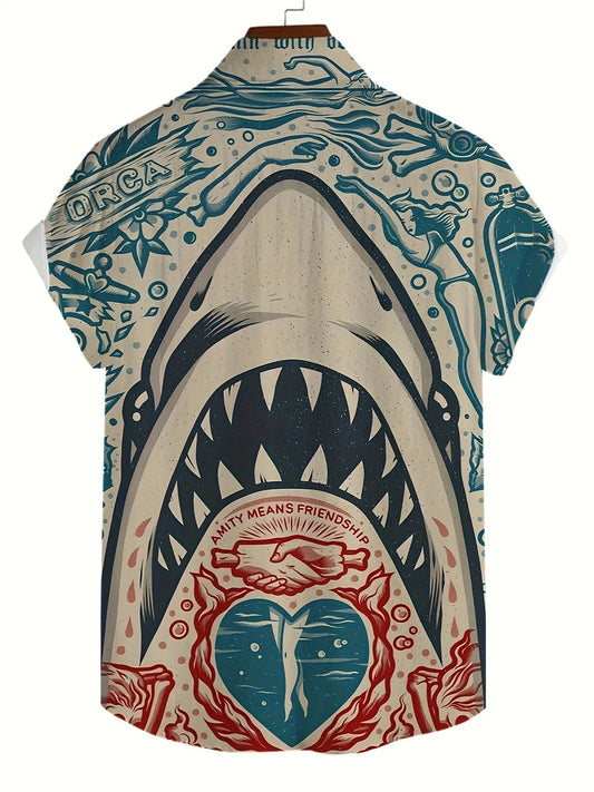 Retro Comic Shark 3D Print Men's Short Sleeve Lapel Hawaiian Shirt - L