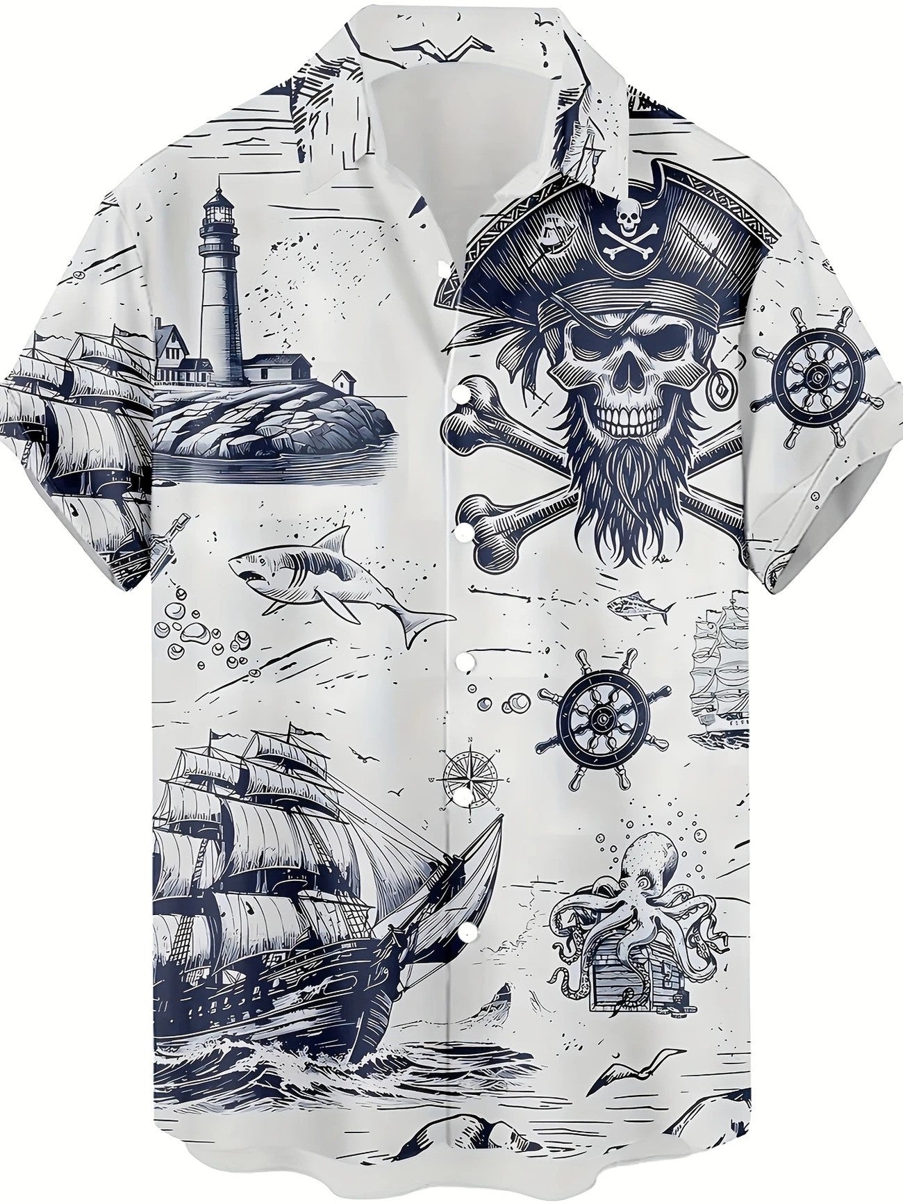 Men And Women Youth Vintage Pirate Skull Hawaiian Short-Sleeve Shirt- L
