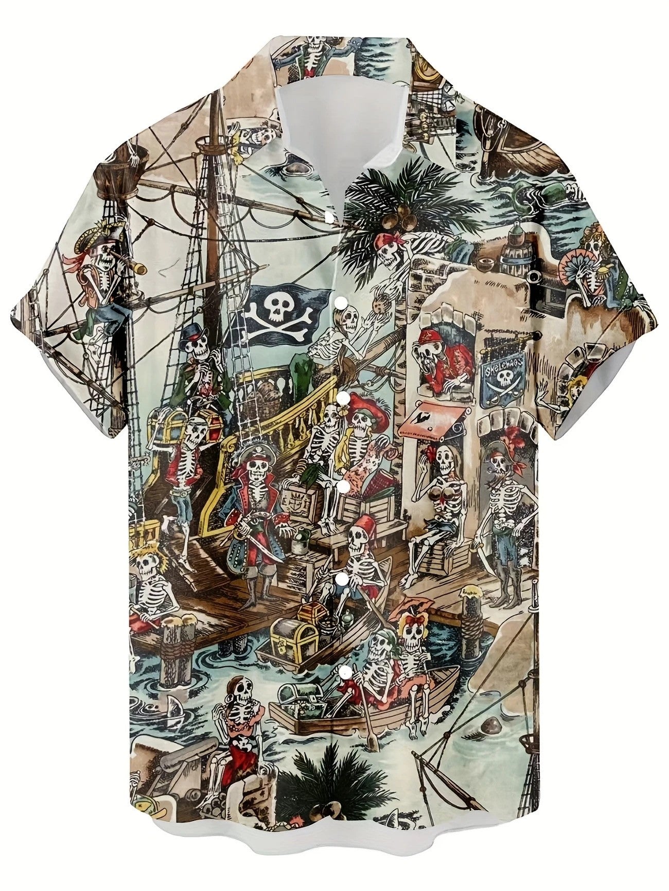 Vintage 3D Print Men's Casual Shirt Skeleton Pirates- XL