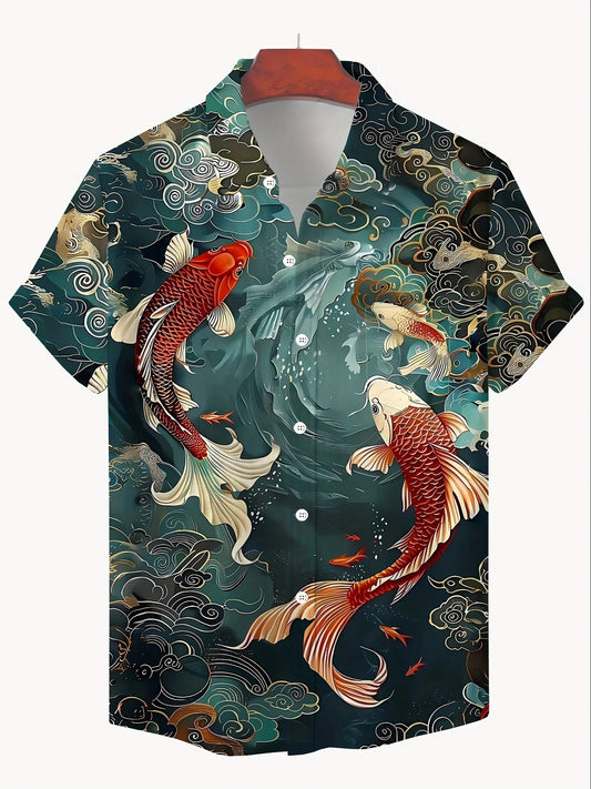 Men'S 3D Koi Fish Print Hawaiian Shirt, Casual Short Sleeve - XL
