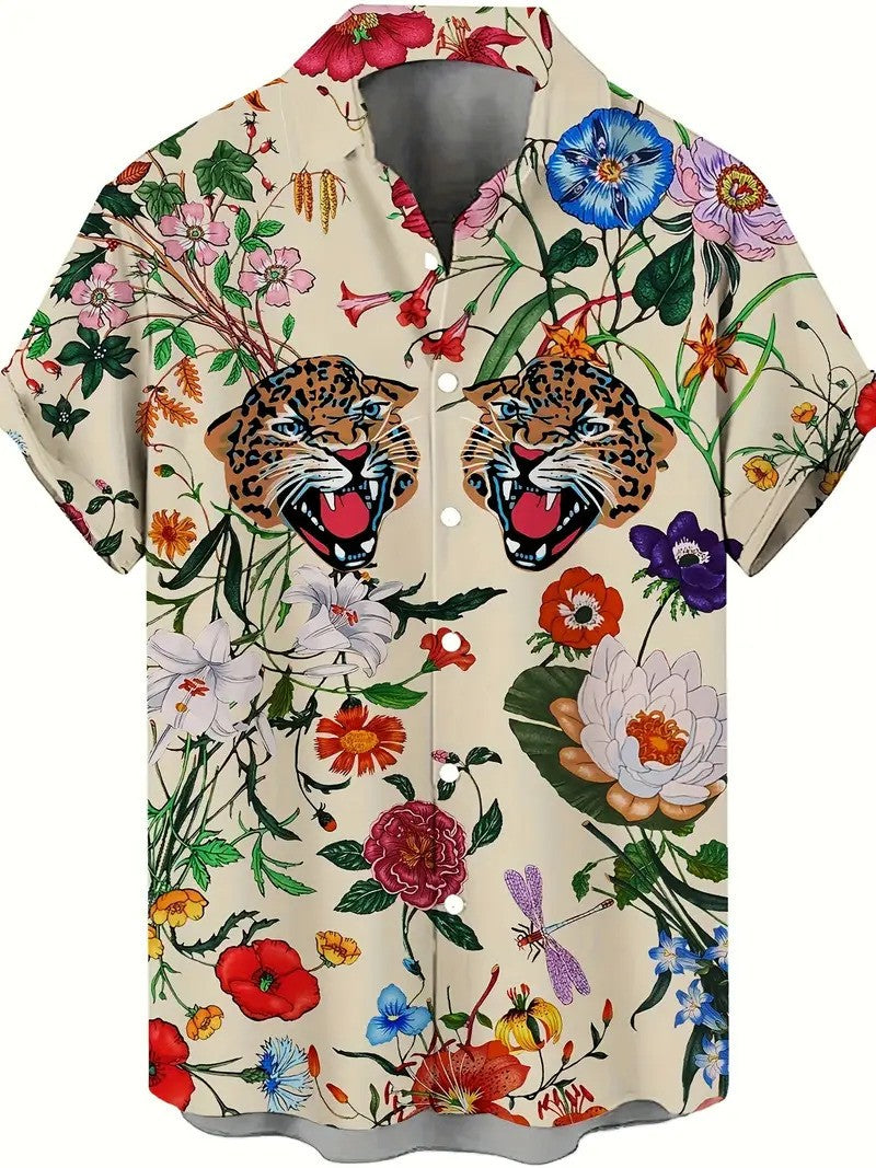 Floral Print Men's Summer Fashionable And Simple Short Sleeve- L