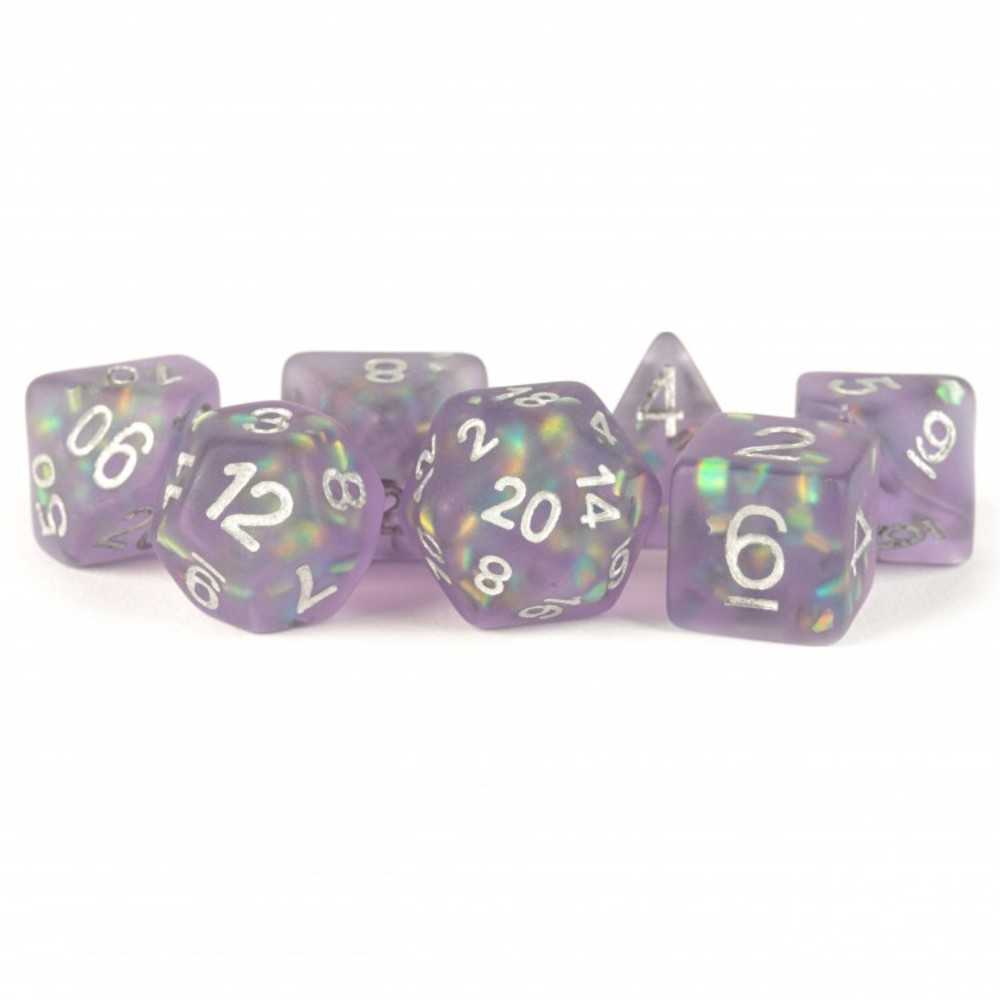 7-Die Set 16mm Resin Icy Opal: Purple w/ Silver Numbers